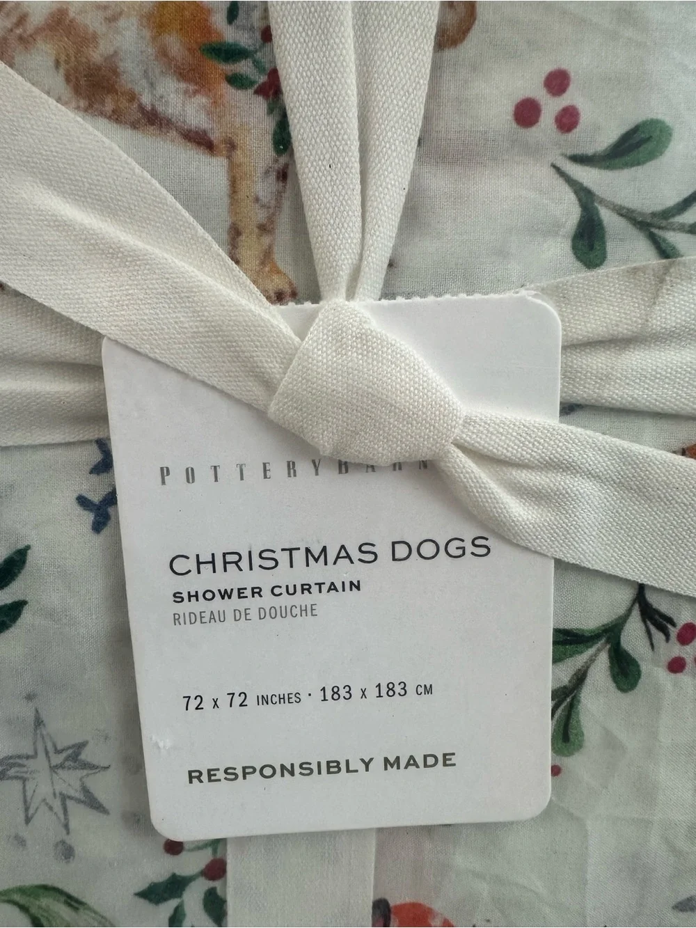 Pottery Barn Christmas Dogs Shower Curtain 72x72” Square Vintage Retro Vibe
